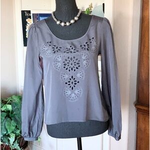 Xhilaration Gray‎ Blouse Button Down Back Floral Cutouts
